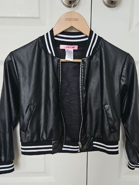 Paper Doll Black Faux Leather Striped Trim Bomber Jacket